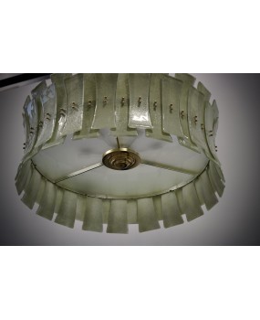 Lampadario Rotondo in Vetro Artistico Verde di Murano e Ottone
