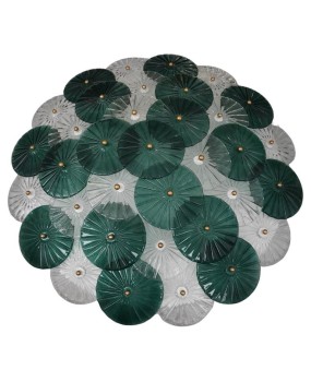 Murano Art Deco Glass Transparent and Green Chandelier and Ceiling Lig