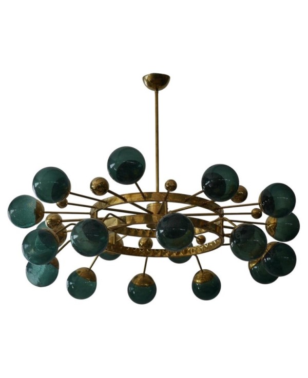 Lampadario Art Déco di Murano Sputnik in Vetro Artistico Verde e Otton