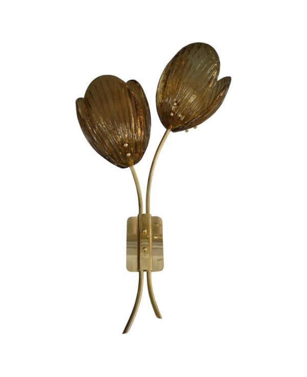 Murano Art Glass and Brass Amber Color Art Deco Wall Light and Sconces