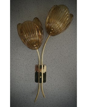 Murano Art Glass and Brass Amber Color Art Deco Wall Light and Sconces