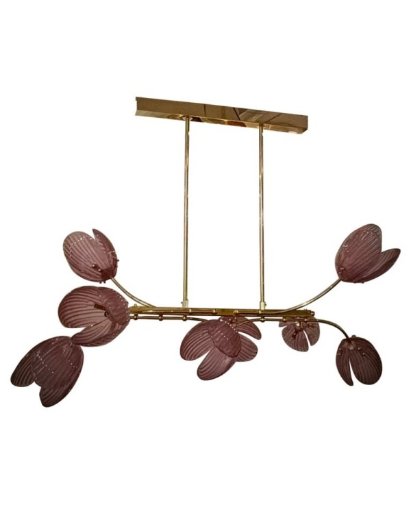 Murano Art Glass and Brass Pink Color Mid-Century Chandelier and Penda