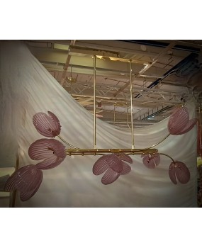 Murano Art Glass and Brass Pink Color Mid-Century Chandelier and Penda