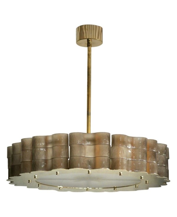 Murano Round Smoky Art Glass and Brass Midcentury Chandelier and Penda