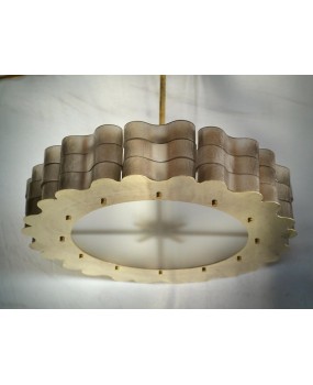 Murano Round Smoky Art Glass and Brass Midcentury Chandelier and Penda