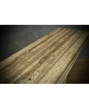MidCentury Squared Travertine and Brass Console Table, 2020