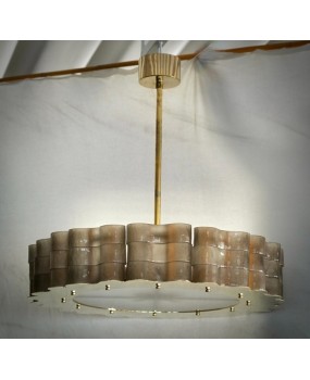 Murano Round Smoky Art Glass and Brass Midcentury Chandelier and Penda