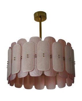 Lampadario Rotondo in Vetro Artistico Rosa di Murano e Ottone