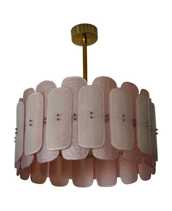 Lampadario Rotondo in Vetro Artistico Rosa di Murano e Ottone