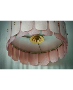 Murano Pink Art Glass and Brass Round Mid-Century Chandelier and Penda