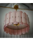 Murano Pink Art Glass and Brass Round Mid-Century Chandelier and Penda