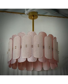 Murano Pink Art Glass and Brass Round Mid-Century Chandelier and Penda