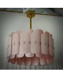 Murano Pink Art Glass and Brass Round Mid-Century Chandelier and Penda