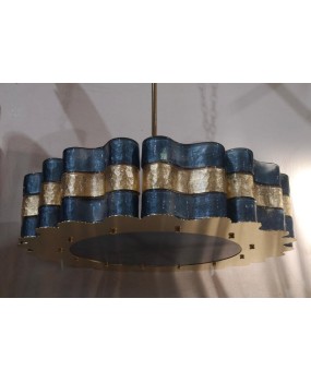 Murano Round Art Glass Blu and Gold Italian Chandelier and Pendant