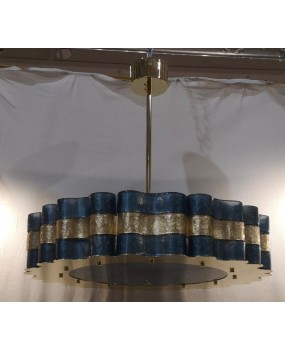 Murano Round Art Glass Blu and Gold Italian Chandelier and Pendant