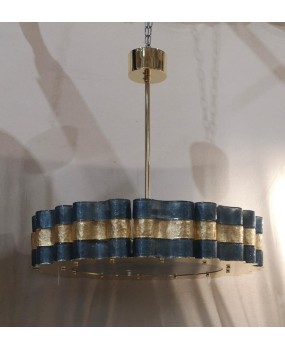 Murano Round Art Glass Blu and Gold Italian Chandelier and Pendant