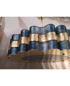 Lampadario Rotondo in Vetro Artistico di Murano, blu e oro, di Produzi