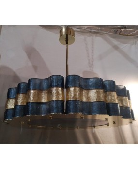 Murano Round Art Glass Blu and Gold Italian Chandelier and Pendant