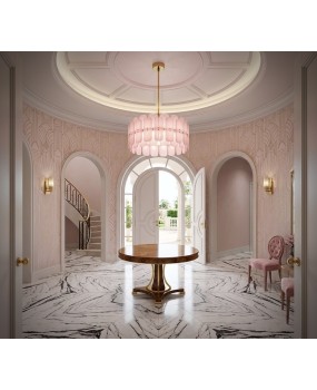 Lampadario Rotondo in Vetro Artistico Rosa di Murano e Ottone
