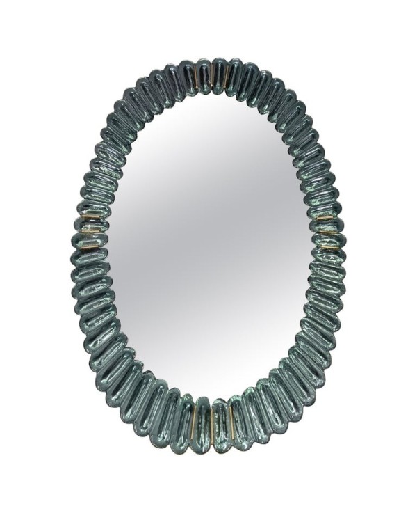 Specchio Ovale in Vetro Artistico di Murano Verde Acquamarina e Ottone