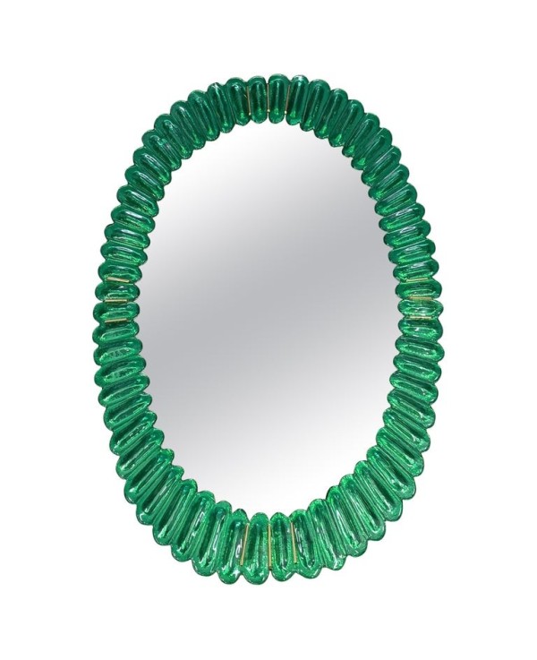 Specchio Ovale in Vetro Artistico di Murano Color Smeraldo e Ottone