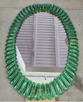 Murano Oval Emerald Art Glass and Brass Italian Console / Wall Mirror