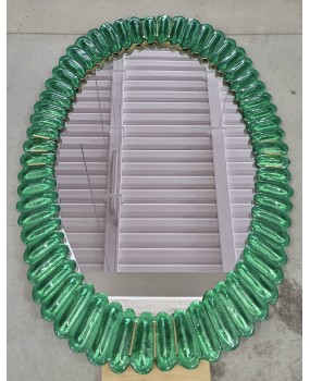 Murano Oval Emerald Art Glass and Brass Italian Console / Wall Mirror