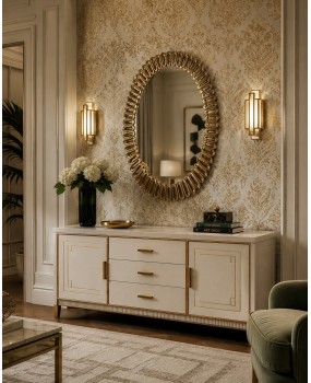 Midcentury Murano Oval Gold Art Glass and Brass Italian Wall Mirror