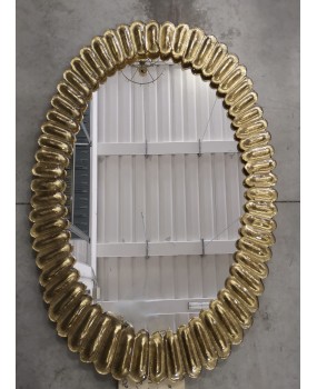 Midcentury Murano Oval Gold Art Glass and Brass Italian Wall Mirror