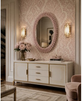 Specchio Ovale in Vetro Artistico Rosa di Murano e Ottone