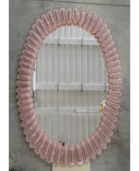 Specchio Ovale in Vetro Artistico Rosa di Murano e Ottone