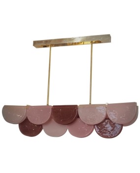 Murano Rectangular Pink Violet Art Glass and Brass Chandelier and Pend