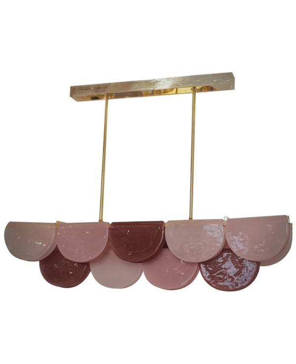 Murano Rectangular Pink Violet Art Glass and Brass Chandelier and Pend