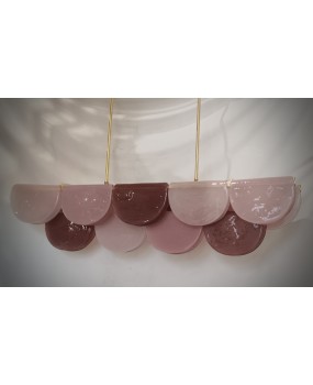 Murano Rectangular Pink Violet Art Glass and Brass Chandelier and Pend