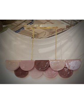 Murano Rectangular Pink Violet Art Glass and Brass Chandelier and Pend