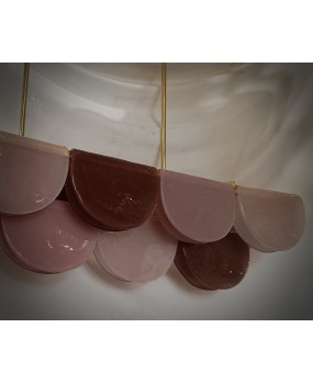 Murano Rectangular Pink Violet Art Glass and Brass Chandelier and Pend