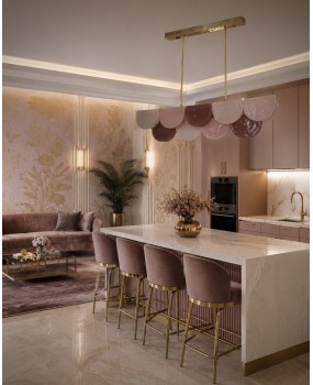 Murano Rectangular Pink Violet Art Glass and Brass Chandelier and Pend