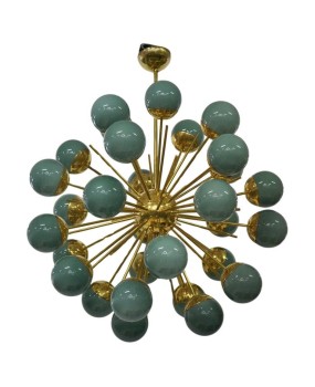 Midcentury Sputnik Spherical Green Glass and Brass Chandelier