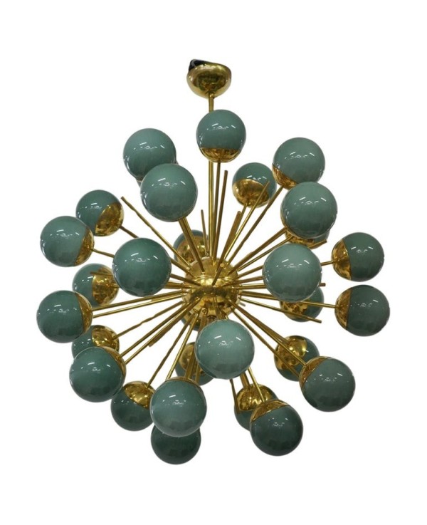 Midcentury Sputnik Spherical Green Glass and Brass Chandelier