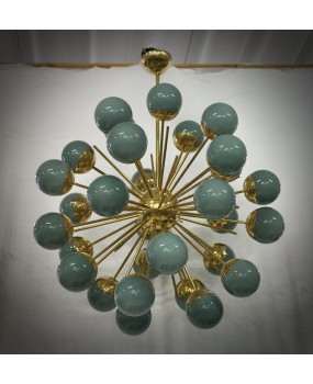 Lampadario Sferico Sputnik in Vetro Verde e Ottone