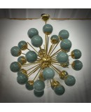 Midcentury Sputnik Spherical Green Glass and Brass Chandelier