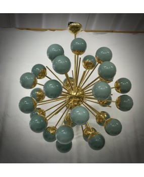 Midcentury Sputnik Spherical Green Glass and Brass Chandelier
