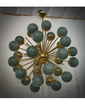 Lampadario Sferico Sputnik in Vetro Verde e Ottone