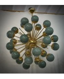 Midcentury Sputnik Spherical Green Glass and Brass Chandelier