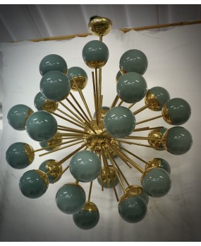 Lampadario Sferico Sputnik in Vetro Verde e Ottone