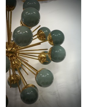 Lampadario Sferico Sputnik in Vetro Verde e Ottone