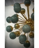 Midcentury Sputnik Spherical Green Glass and Brass Chandelier