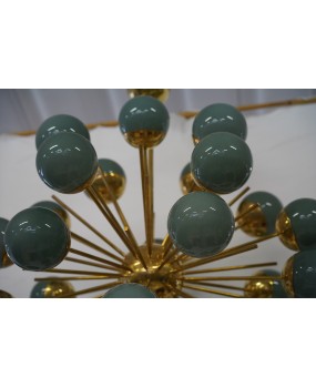 Midcentury Sputnik Spherical Green Glass and Brass Chandelier