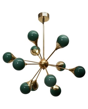 Midcentury Sputnik Spherical Green Glass and Brass Chandelier