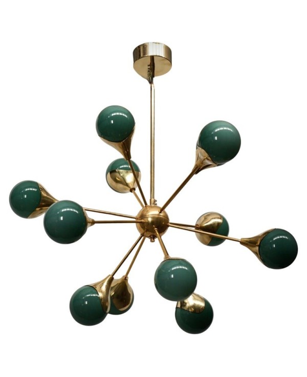 Lampadario Sferico Sputnik in Vetro Verde e Ottone